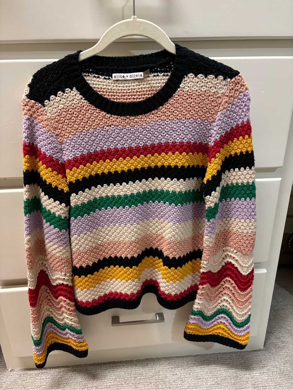 alice + olivia Striped Crochet Crew Sweater in Black, Pink, Yellow & Green